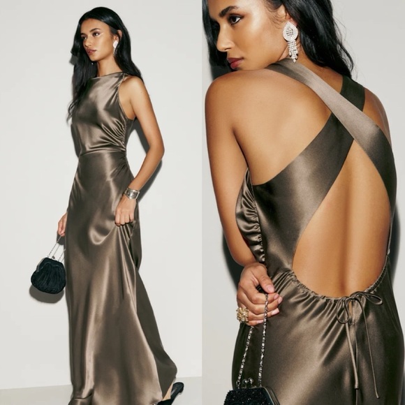 Reformation Dresses & Skirts - NEW Reformation Backless Satin Dress in Olive